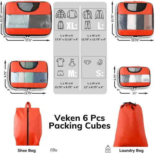 Vista 2 de Veken - Juego de 6 cubos de embalaje para maletas, bolsas organizadoras de viaje para equipaje de mano, juego de bolsas organizadoras de maleta