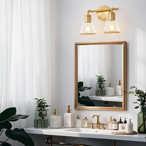 Vista 4 de Accesorios de iluminación de baño sobre espejo Luces de tocador doradas de 2 luces con pantalla de vidrio transparente de 14 pulgadas Luces