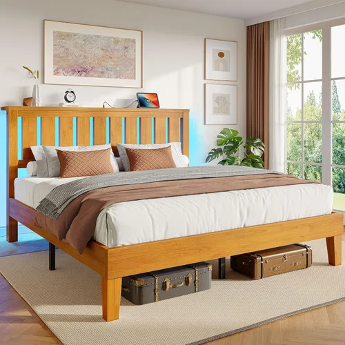Vista 9 de Rolanstar Estructura de Cama Full con Cabecero, Estación de Carga y Luces LED, Base de Estructura de Cama de Madera con Soporte de Listones de Negro
