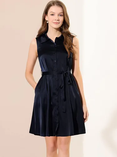 Vista 5 de Allegra K Vestidos de satén para mujer, cuello de punto, con cinturón, con botones, sin mangas, vestido camisero