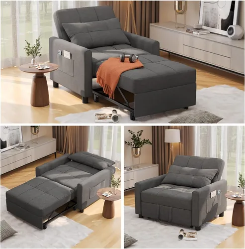 Vista 12 de Aiho - Sofá cama convertible 3 en 1 con diseño ajustable, color beige Respaldo ajustable con cama extraíble, almohada y bolsillo de almacenamiento