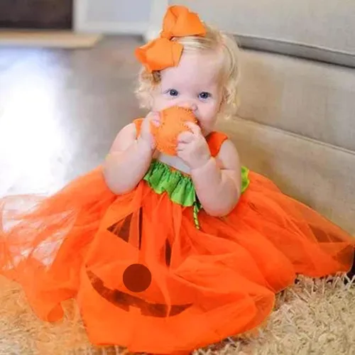 Vista 6 de Disfraz de princesa de tul para niñas pequeñas sin mangas con estampado de calabazas de Halloween de malla y tul