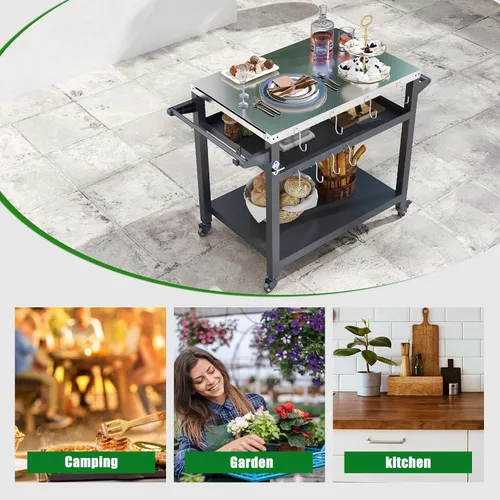 Vista 8 de Domi - Mesa de parrilla para exteriores de 3 estantes, carrito de parrilla con ruedas, horno de pizza al aire libre y mesa de preparación