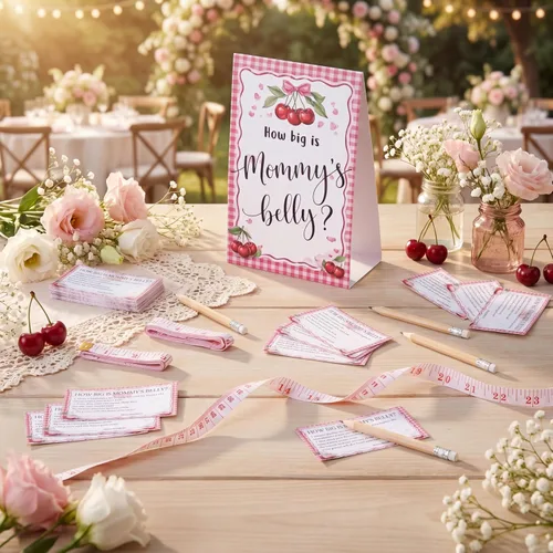 Vista 84 de Sabary 64 Piezas Juegos de Baby Shower Incluyen Letrero How Big is Mommy's Belly Sign Measure Bump Game 50 Tarjetas 10 Lápices 3 Cintas Métricas