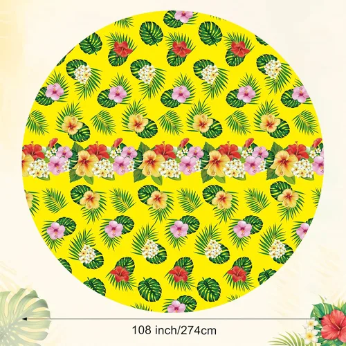 Vista 3 de Oudain Mantel hawaiano de 3 piezas de 84 pulgadas con hojas de palmera tropicales, flores redondas, de plástico, desechable, circular, impermeable