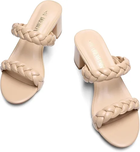 Vista 2 de DREAM PAIRS Zapatos de tacón bajo con dos correas trenzadas para mujer, puntera abierta, tacón grueso, sandalias de tacón grueso, para fiestas
