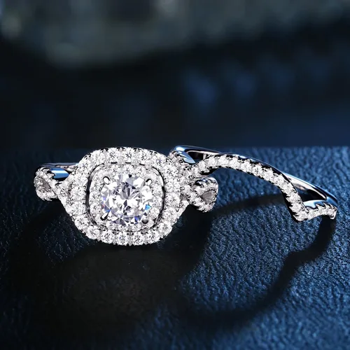 Vista 5 de Juego de anillos de boda Newshe Jewellery con circonita cúbica, anillos de compromiso para mujer, de plata de ley 925, juego de anillos de boda