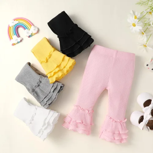 Vista 5 de Unikaka Pantalones elásticos acampanados para niña pequeña y bebé con pantalones de vellón con volantes y leggings, paquete de 5
