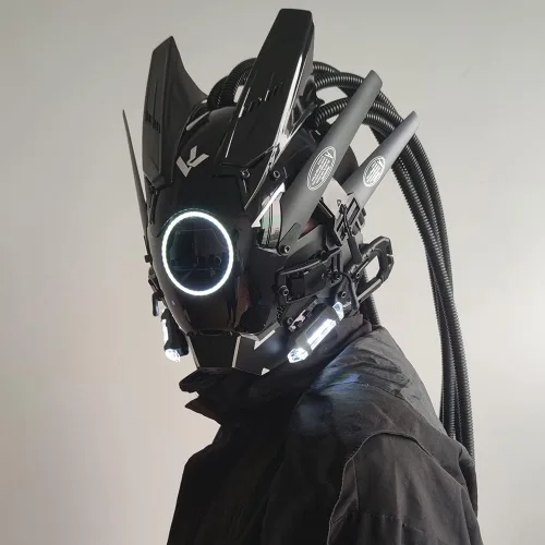 Vista 6 de KYEDAY Máscara punk cosplay para hombres, luz redonda con trenzas máscara Cosplay Halloween Fit fiesta festival música accesorios