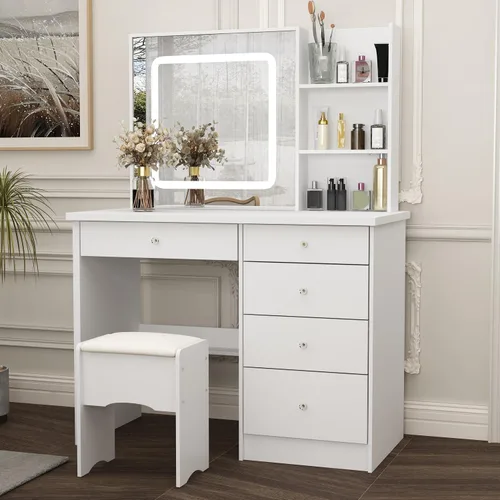 Vista 9 de Tocador con silla, tocador con espejo rectangular iluminado, 5 cajones y estantes, juego de tocador de maquillaje con almacenamiento