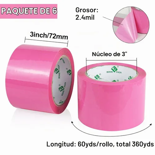 Vista 3 de BOMEI PACK Cinta de embalaje rosa de 3 pulgadas de ancho, 6 rollos de repuesto de cinta de envío rosa para embalaje, mudanza y almacenamiento, 2.4