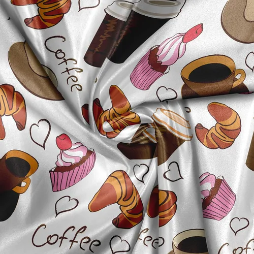 Vista 4 de Lunarable - Tela de café por yarda, tazas de café para llevar y dulces, diseño de cupcakes de cereza y croissant, cultura del desayuno americano