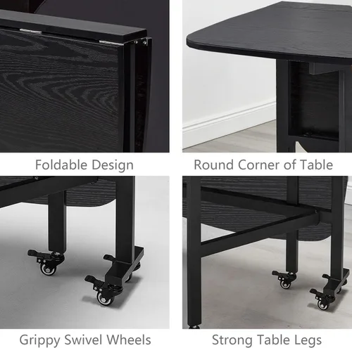 Vista 6 de Mesa Multifuncional de Hoja Abatible - Mesa de Comedor Plegable de 47" de Madera con 6 Ruedas (Negro)