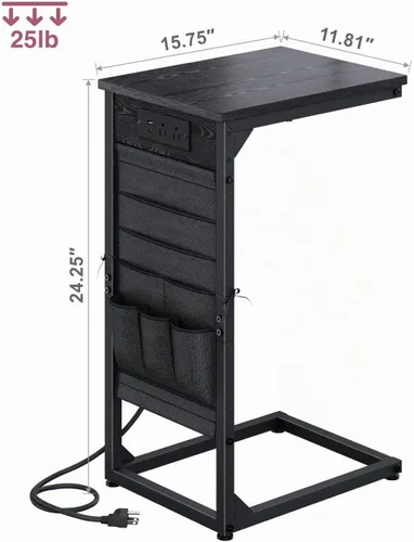 Vista 2 de Mesa auxiliar en forma de C con estación de carga rápida, mesa lateral pequeña para sofá con bolsa de almacenamiento, bandeja de TV para sofá