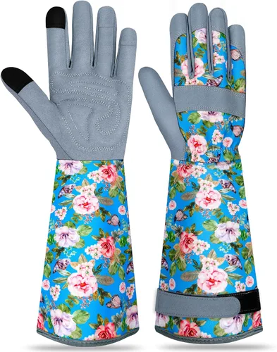 Vista 12 de Guantes largos de jardinería para mujer, guantes de cuero a prueba de espinas, guantes de trabajo transpirables para mujeres, patio, exteriores