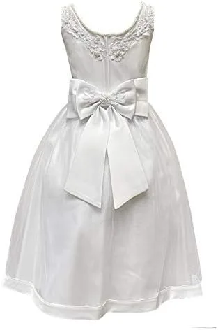 Vista 4 de Vestido de bautismo de comunión de satén blanco con apliques de cuentas