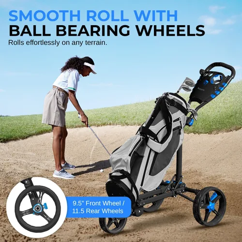 Vista 2 de SereneLife Carrito de Golf Ligero y Plegable - Carrito de Empuje de Golf Plegable de Aluminio con Mango Ajustable, Correas Elásticas para Bolsa