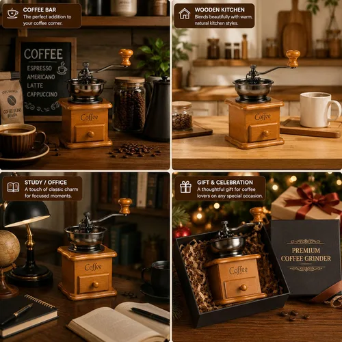 Vista 4 de Molinillo de café manual de madera vintage, molinillo de manivela decorativo retro con rebabas de cerámica, molinillo de granos de café antiguo