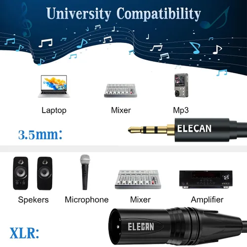 Vista 6 de Elecan Cable Auxiliar TRS Macho a XLR Macho de 3.5mm (1/8 Pulgada) de 4 Pies, Cable de Micrófono Estéreo Blindado Profesional Balanceado, Chapado