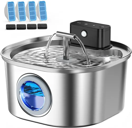 Vista 9 de Voluas Fuente de agua de acero inoxidable para gatos, fuente de agua inalámbrica para mascotas, funciona con pilas, 108 oz/3.2 L, dispensador