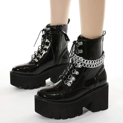 Vista 3 de rui yue Botas de plataforma para mujer, punta redonda, botas de tobillo gruesas, botas punk, con cordones y cremallera, botas de combate