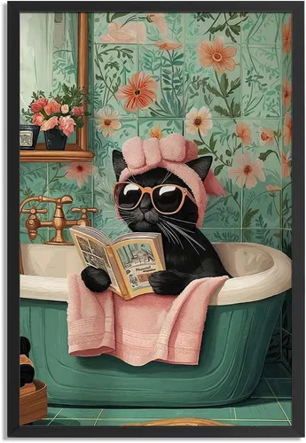 Vista 13 de Arte de pared divertido enmarcado de gato Monet Waterlily Cat Poster para habitación decoración estética, lindas imágenes de gato negro, impresiones