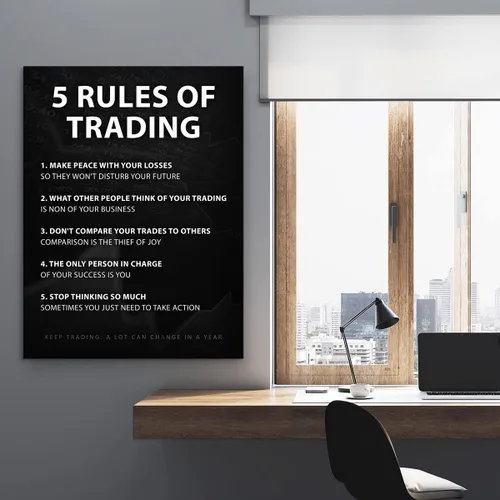 Vista 2 de NATVVA Póster de mercado de valores de comercio de dinero, decoración de pared, 5 reglas de comercio, lienzo motivacional, impresiones artísticas