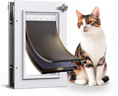 Vista 8 de Puerta para perro para puerta, 3 solapas de aluminio, color blanco, puerta grande para perros, puerta resistente para mascotas, con solapa aislante