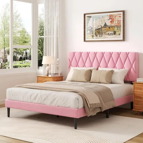 Vista 9 de CXVX Marco de cama tamaño completo con cabecera capitonada de diamante, cama plataforma tapizada en terciopelo y soporte de listones de madera, sin