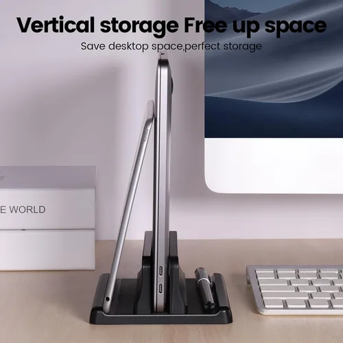 Vista 6 de Soporte vertical 3 en 1 para laptop, base ajustable de plástico ABS para computadora de escritorio, soporte vertical para laptop, ahorro de espacio