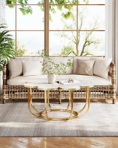 Vista 6 de LITTLE TREE Mesa de café de 39.37 pulgadas, blanca y dorada, moderna, con forma de flor, mesa central con tapa de mármol sintético y estructura
