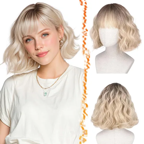 Vista 27 de BARSDAR Peluca corta ondulada con reflejos castaño, peluca corta ondulada con flequillo para mujer, gruesa, suave, sintética, texturizada, rizada