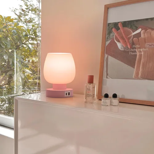 Vista 5 de Lámpara de Mesa de Noche Táctil - Lámpara Pequeña Rosa para Dormitorio con Puertos de Carga USB C+A, Regulable de 3 Niveles, Lámpara de Escritorio