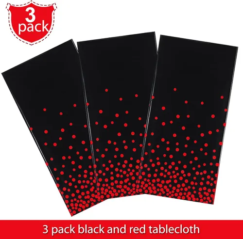 Vista 4 de Mantel desechable de plástico con lunares rojos y negros, 3 Mantel rectangular impermeable de 54 x 108 pulgadas, resistente al aceite