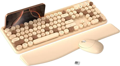 Vista 7 de Combo de teclado y mouse inalámbricos con soporte para teléfono (caqui) MPTOG Colorful Typewriter Keys with Wrist Rest, 2.4GHz Wireless
