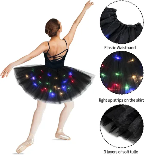 Vista 2 de Tutús iluminado de 3 capas para mujer, falda tutú LED para adultos y adolescentes, falda clásica elástica de ballet, disfraz de fiesta brillante