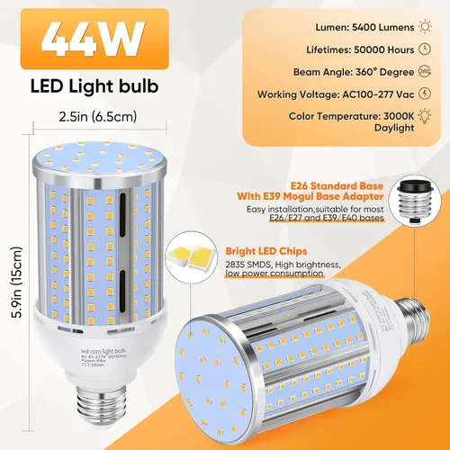 Vista 3 de Bombilla LED de Maíz de 44W (Paquete de 2), Sin Ventilador, (Equivalente a 390 Vatios) Base E26/E39 Mediana/Mogul Grande, Lámpara LED COB 3000K