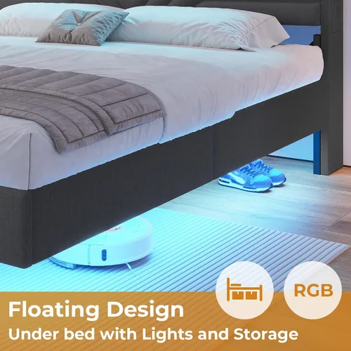 Vista 12 de HAUOMS - Base de cama flotante LED tamaño matrimonial con cabecera de almacenamiento, color gris oscuro Upholstered Full Platform Bed Frame with