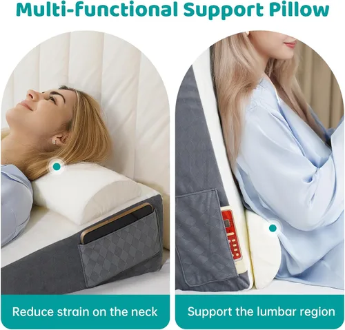 Vista 6 de Almohada de cuña de cama para apnea del sueño, almohada triangular de cuña de 22 x 22 x 7 pulgadas con almohada para el cuello para dormir