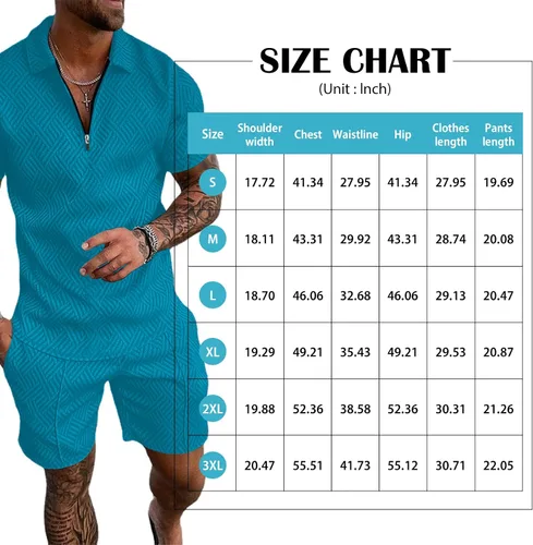 Vista 6 de Aulemen Conjunto deportivo de 2 piezas con cremallera para hombre, manga corta, camiseta polo y pantalones cortos, conjuntos de verano para hombre