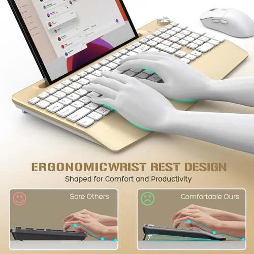 Vista 3 de GAMCATZ Teclado y mouse inalámbricos ergonómicos con reposa muñecas, soporte para teléfono - 2.4GHz, teclado y mouse inalámbricos de perfil bajo