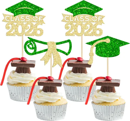 Vista 38 de Gyufise 24 piezas Adornos para pastel de graduación 2026 con purpurina negra, clase de 2026, adornos para magdalenas con gorra de graduación