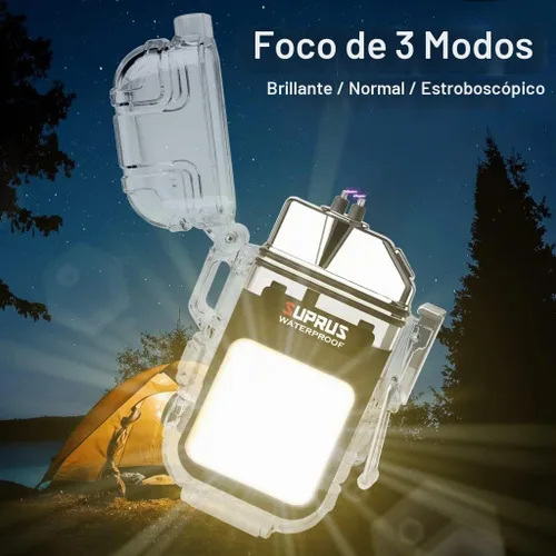 Vista 3 de SUPRUS Mechero impermeable de 3 modos de linterna, encendedor resistente al viento, eléctrico de arco doble recargable, encendedor de plasma de arco