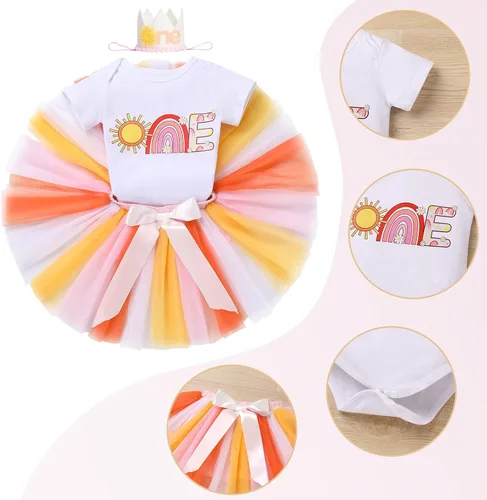 Vista 6 de ODASDO Sunshine - Conjunto de 3 piezas de traje de cumpleaños para bebé niña de un año de edad, fiesta de pastel de algodón con tutú y diadema