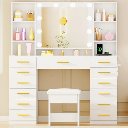 Vista 9 de ANWBROAD Escritorio de tocador con espejo y luces, juego de mesa de tocador de maquillaje blanco con parte superior de cristal, 13 cajones, 7