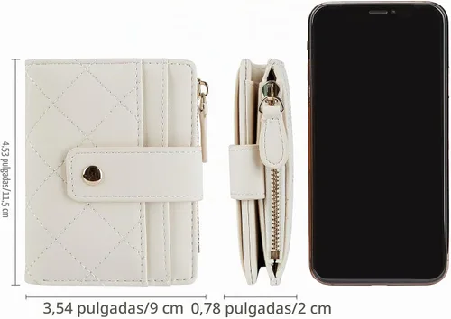 Vista 5 de Cartera de cuero para mujer, linda, pequeña, compacta, plegable con cremallera, con bolsillo para monedas Beige