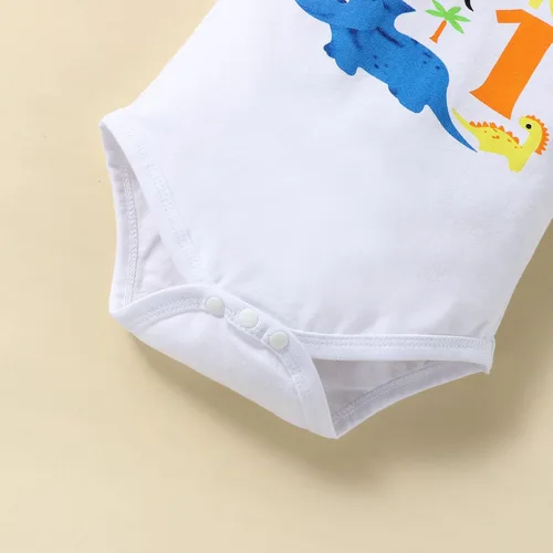 Vista 5 de Conjunto divertido de ropa de primer cumpleaños para bebé niño, con corbatín y estampado de dinosaurio, conjunto de pantalones con tirantes