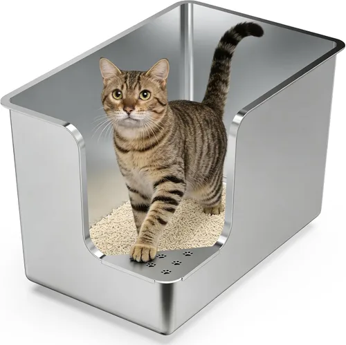 Vista 10 de Caja de arena de acero inoxidable de 11.8 pulgadas de alto, caja de arena de metal XL para gatos, inodoro para mascotas con apertura de esquina