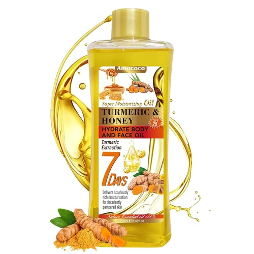 Vista 13 de Aceite corporal de cúrcuma de 6.8 fl oz para masaje e hidratación diaria, hidratación profunda con vitamina E, colágeno, aceite de cúrcuma para cara