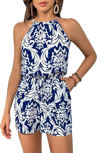 Vista 15 de SweatyRocks - Enterizo de una pieza con estampado integral, sin mangas, con cuello halter y bolsillo, de cintura alta para mujer Azul